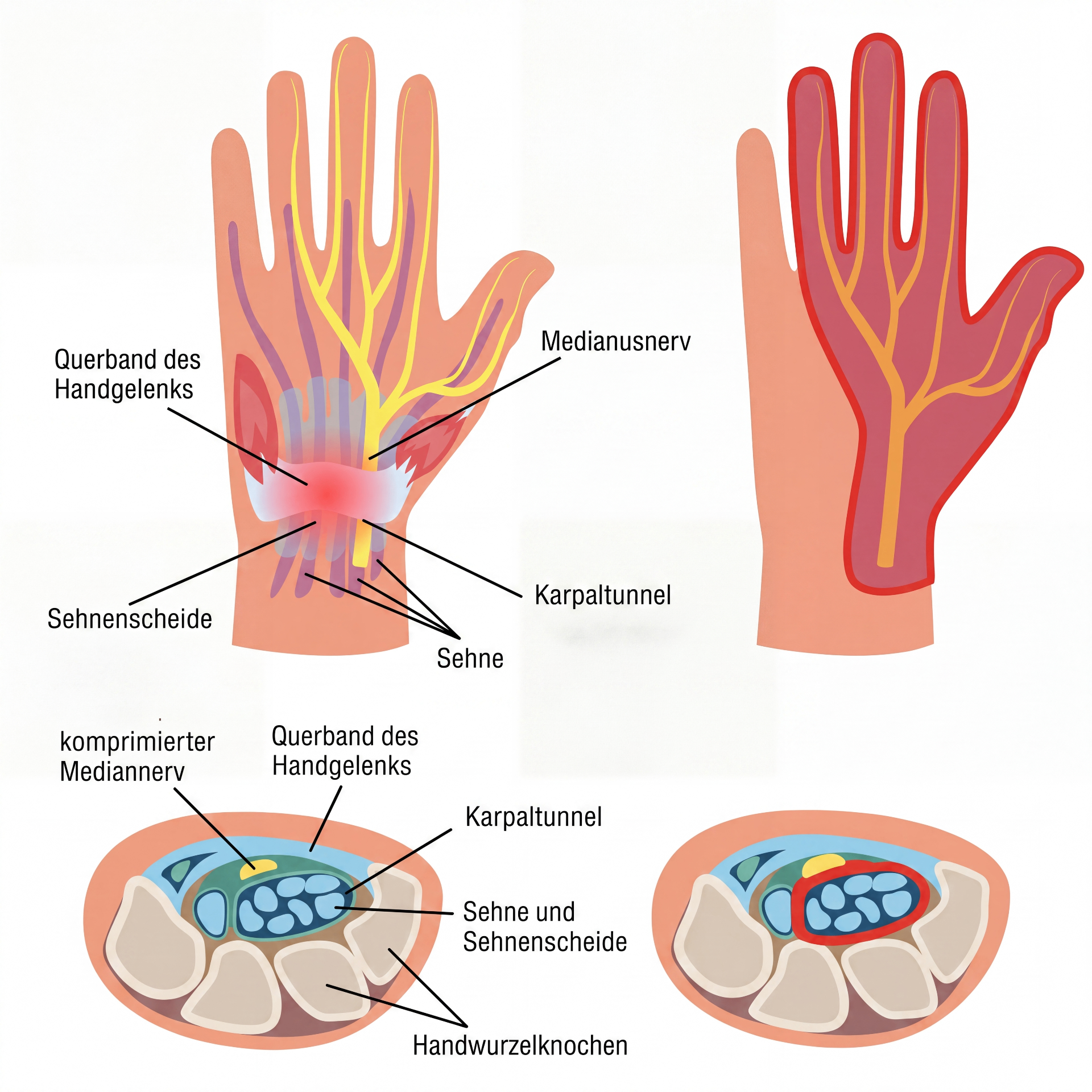 Anatomie des Karpaltunnels — Medianusnerv, Querband, Sehnen und Querschnitt
